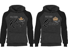 將圖片載入圖庫檢視器 King Queen couple hoodies, raglan hoodie. Black Charcoal hoodie mens, Black Charcoal red hoodie womens.