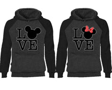 Load image into Gallery viewer, LOVE couple hoodies, raglan hoodie. Black Charcoal hoodie mens, Black Charcoal red hoodie womens.