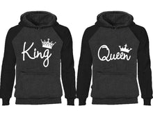 將圖片載入圖庫檢視器 King Queen couple hoodies, raglan hoodie. Black Charcoal hoodie mens, Black Charcoal red hoodie womens.