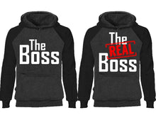 將圖片載入圖庫檢視器 The Boss The Real Boss couple hoodies, raglan hoodie. Black Charcoal hoodie mens, Black Charcoal red hoodie womens.