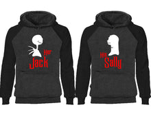 Load image into Gallery viewer, Her Jack His Sally couple hoodies, raglan hoodie. Black Charcoal hoodie mens, Black Charcoal red hoodie womens.