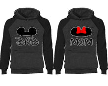 Load image into Gallery viewer, Dad Mom couple hoodies, raglan hoodie. Black Charcoal hoodie mens, Black Charcoal red hoodie womens.