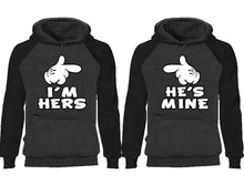 Load image into Gallery viewer, I'm Hers He's Mine couple hoodies, raglan hoodie. Black Charcoal hoodie mens, Black Charcoal red hoodie womens.