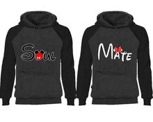 Load image into Gallery viewer, Soul Mate couple hoodies, raglan hoodie. Black Charcoal hoodie mens, Black Charcoal red hoodie womens.