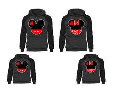 Load image into Gallery viewer, Mickey Minnie. Matching family outfits. Black Charcoal adults, kids pullover hoodie.