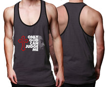 Load image into Gallery viewer, Only God Can Judge Me custom tank top, graphic tees. Black Charcoal tank top for men. Black Charcoal color racerback tanktop for mens.