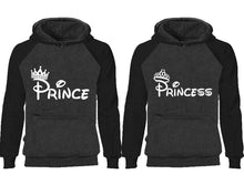 將圖片載入圖庫檢視器 Prince Princess couple hoodies, raglan hoodie. Black Charcoal hoodie mens, Black Charcoal red hoodie womens.