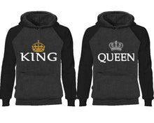 將圖片載入圖庫檢視器 King Queen couple hoodies, raglan hoodie. Black Charcoal hoodie mens, Black Charcoal red hoodie womens.
