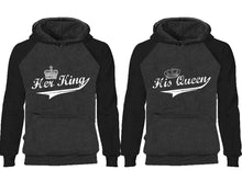 Load image into Gallery viewer, Her King His Queen couple hoodies, raglan hoodie. Black Charcoal hoodie mens, Black Charcoal red hoodie womens.