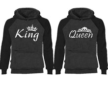 將圖片載入圖庫檢視器 King Queen couple hoodies, raglan hoodie. Black Charcoal hoodie mens, Black Charcoal red hoodie womens.