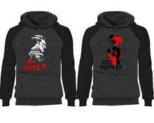 Load image into Gallery viewer, Her Joker His Harley couple hoodies, raglan hoodie. Black Charcoal hoodie mens, Black Charcoal red hoodie womens.