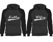 Load image into Gallery viewer, Hubby Wifey couple hoodies, raglan hoodie. Black Charcoal hoodie mens, Black Charcoal red hoodie womens.