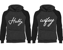 Load image into Gallery viewer, Hubby Wifey couple hoodies, raglan hoodie. Black Charcoal hoodie mens, Black Charcoal red hoodie womens.