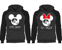 Load image into Gallery viewer, Her Jack and His Sally couple hoodies, raglan hoodie. Black Charcoal hoodie mens, Black Charcoal red hoodie womens.