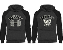 Load image into Gallery viewer, Beast Beauty couple hoodies, raglan hoodie. Black Charcoal hoodie mens, Black Charcoal red hoodie womens.