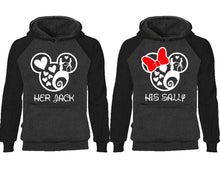 Load image into Gallery viewer, Her Jack and His Sally couple hoodies, raglan hoodie. Black Charcoal hoodie mens, Black Charcoal red hoodie womens.