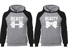 Load image into Gallery viewer, Beast Beauty couple hoodies, raglan hoodie. Black Grey hoodie mens, Black Grey red hoodie womens.