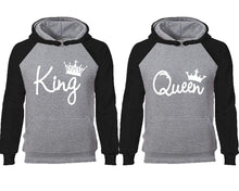 將圖片載入圖庫檢視器 King Queen couple hoodies, raglan hoodie. Black Grey hoodie mens, Black Grey red hoodie womens.