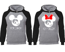 Load image into Gallery viewer, Her Jack and His Sally couple hoodies, raglan hoodie. Black Grey hoodie mens, Black Grey red hoodie womens.