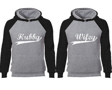 Load image into Gallery viewer, Hubby Wifey couple hoodies, raglan hoodie. Black Grey hoodie mens, Black Grey red hoodie womens.