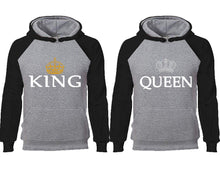 將圖片載入圖庫檢視器 King Queen couple hoodies, raglan hoodie. Black Grey hoodie mens, Black Grey red hoodie womens.
