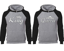 將圖片載入圖庫檢視器 King Queen couple hoodies, raglan hoodie. Black Grey hoodie mens, Black Grey red hoodie womens.