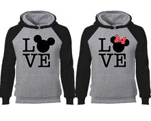 Load image into Gallery viewer, LOVE couple hoodies, raglan hoodie. Black Grey hoodie mens, Black Grey red hoodie womens.