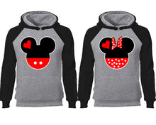 將圖片載入圖庫檢視器 Mickey Minnie couple hoodies, raglan hoodie. Black Grey hoodie mens, Black Grey red hoodie womens.