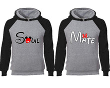 Load image into Gallery viewer, Soul Mate couple hoodies, raglan hoodie. Black Grey hoodie mens, Black Grey red hoodie womens.