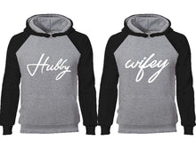 Load image into Gallery viewer, Hubby Wifey couple hoodies, raglan hoodie. Black Grey hoodie mens, Black Grey red hoodie womens.