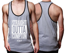Load image into Gallery viewer, Straight Outta Compton custom tank top, graphic tees. Black Grey tank top for men. Black Grey color racerback tanktop for mens.