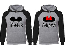 Load image into Gallery viewer, Dad Mom couple hoodies, raglan hoodie. Black Grey hoodie mens, Black Grey red hoodie womens.