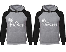 將圖片載入圖庫檢視器 Prince Princess couple hoodies, raglan hoodie. Black Grey hoodie mens, Black Grey red hoodie womens.