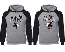 Load image into Gallery viewer, Mr Mrs couple hoodies, raglan hoodie. Black Grey hoodie mens, Black Grey red hoodie womens.