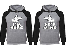 Load image into Gallery viewer, I'm Hers He's Mine couple hoodies, raglan hoodie. Black Grey hoodie mens, Black Grey red hoodie womens.