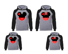 Load image into Gallery viewer, Mickey Minnie. Matching family outfits. Black Grey adults, kids pullover hoodie.