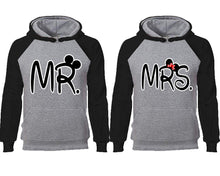 Load image into Gallery viewer, Mr Mrs couple hoodies, raglan hoodie. Black Grey hoodie mens, Black Grey red hoodie womens.