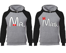 將圖片載入圖庫檢視器 Mr Mrs couple hoodies, raglan hoodie. Black Grey hoodie mens, Black Grey red hoodie womens.