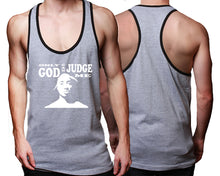 Load image into Gallery viewer, Only God Can Judge Me custom tank top, graphic tees. Black Grey tank top for men. Black Grey color racerback tanktop for mens.