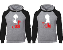 Load image into Gallery viewer, Her Jack His Sally couple hoodies, raglan hoodie. Black Grey hoodie mens, Black Grey red hoodie womens.