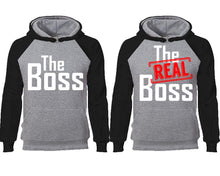 將圖片載入圖庫檢視器 The Boss The Real Boss couple hoodies, raglan hoodie. Black Grey hoodie mens, Black Grey red hoodie womens.