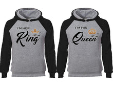 將圖片載入圖庫檢視器 King Queen couple hoodies, raglan hoodie. Black Grey hoodie mens, Black Grey red hoodie womens.