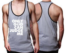 Load image into Gallery viewer, Only God Can Judge Me custom tank top, graphic tees. Black Grey tank top for men. Black Grey color racerback tanktop for mens.