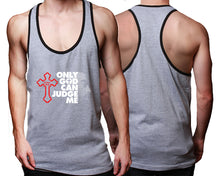 Load image into Gallery viewer, Only God Can Judge Me custom tank top, graphic tees. Black Grey tank top for men. Black Grey color racerback tanktop for mens.