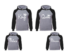 Load image into Gallery viewer, King Queen, Prince and Princess. Matching family outfits. Black Grey adults, kids pullover hoodie.