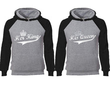 Load image into Gallery viewer, Her King His Queen couple hoodies, raglan hoodie. Black Grey hoodie mens, Black Grey red hoodie womens.