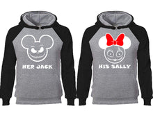 Load image into Gallery viewer, Her Jack and His Sally couple hoodies, raglan hoodie. Black Grey hoodie mens, Black Grey red hoodie womens.