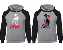 Load image into Gallery viewer, Her Joker His Harley couple hoodies, raglan hoodie. Black Grey hoodie mens, Black Grey red hoodie womens.