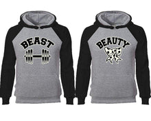 Load image into Gallery viewer, Beast Beauty couple hoodies, raglan hoodie. Black Grey hoodie mens, Black Grey red hoodie womens.