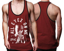Load image into Gallery viewer, All Eyes On Me custom tank top, graphic tees. Black Maroon tank top for men. Black Maroon color racerback tanktop for mens.